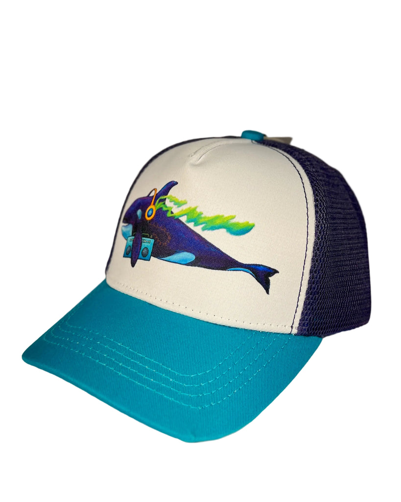 Whale Tunes kids trucker hat featuring Alaska whale and ocean-inspired design, adjustable mesh cap with playful marine artwork