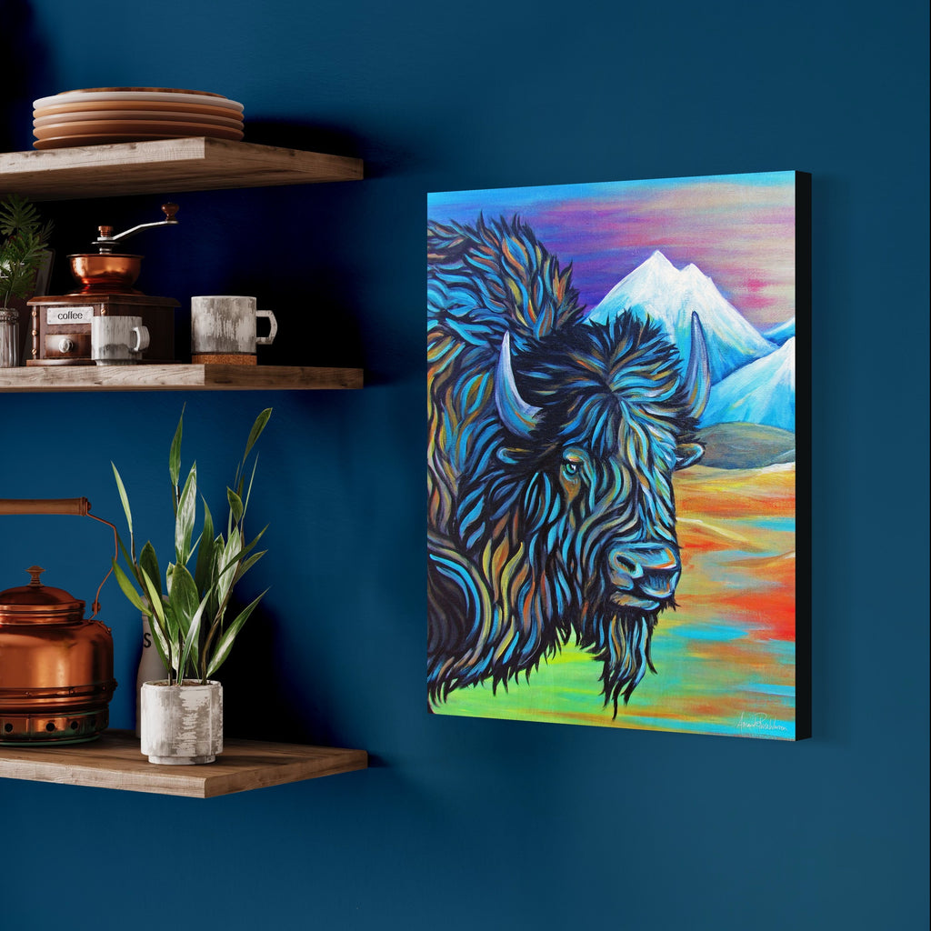 Colorful painting of a bison on a blue wall with shelves below