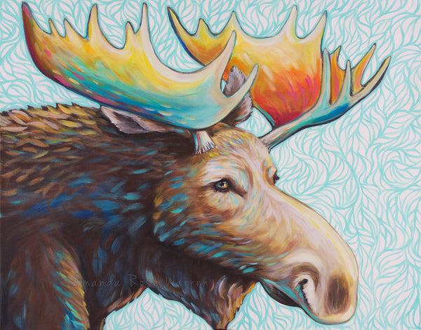 Alaskan Bull Moose, a vibrant rack with a teal background  
