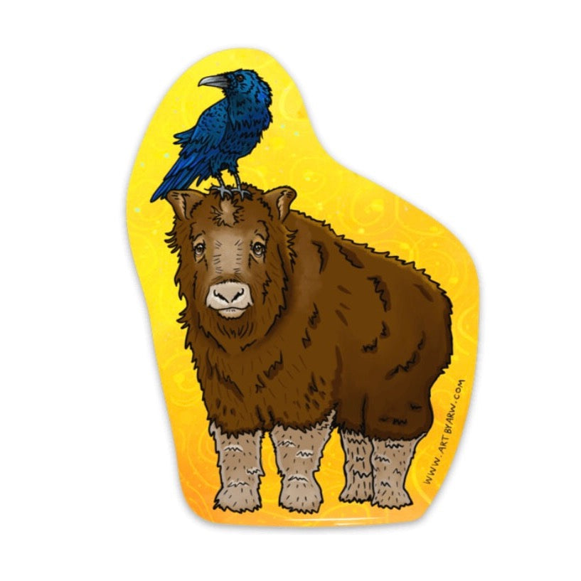 Raven sitting on the baby musk ox's head 