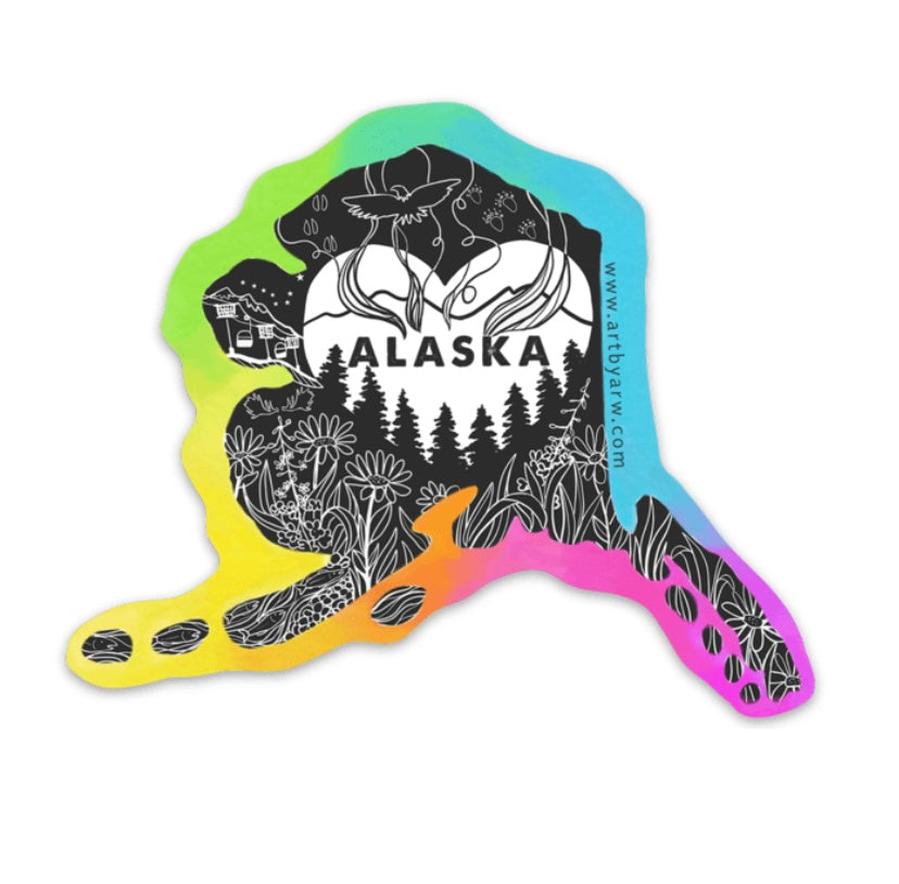 Alaska shaped with a heart, mountains, ski lift, eagle, bear and moose print, wild flower background sticker
