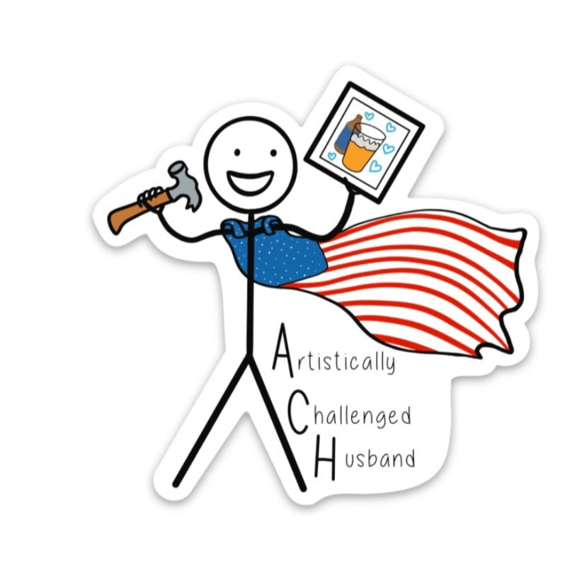 Stick Figure wearing an American flag cape, holding a hammer, and a picture of a beer sticker