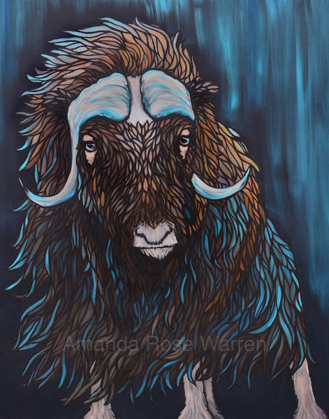 Alaskan Musk Ox entrenched in a vibrant blue background 