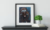 Framed Alaskan Musk Ox art print entrenched in a vibrant blue background sitting on a shelf