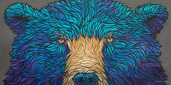Alaskan bear captures the beauty of the aurora in her fur with a gray background 