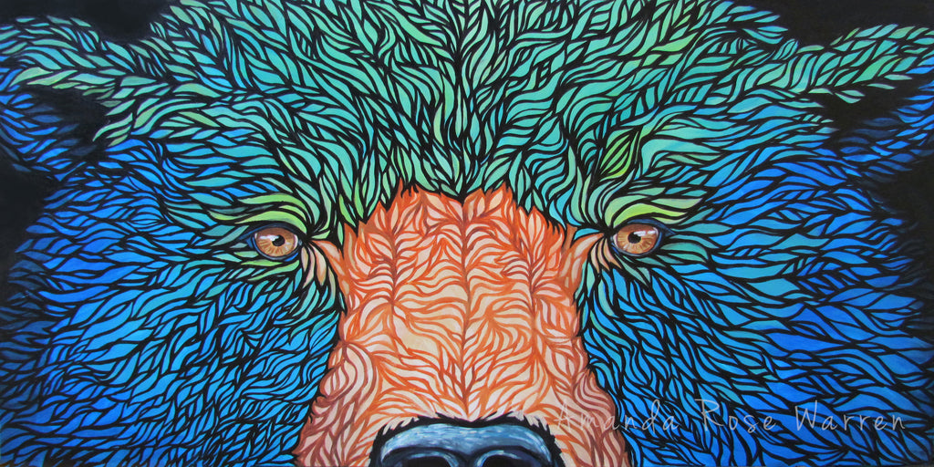 Alaskan bear with fun and vibrant blue and green fur 