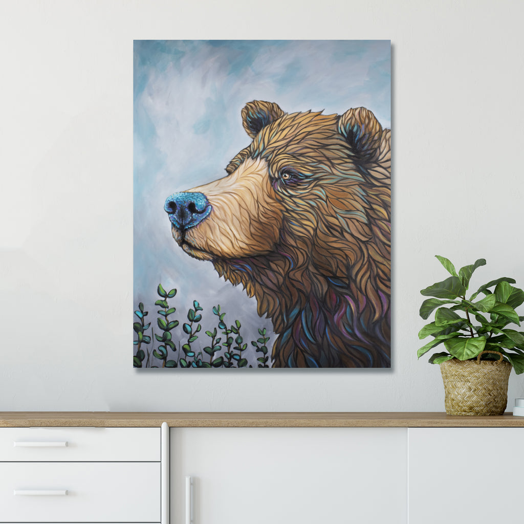 Alaskan Brown Bear with a pop of color in his fur hanging on an office wall.