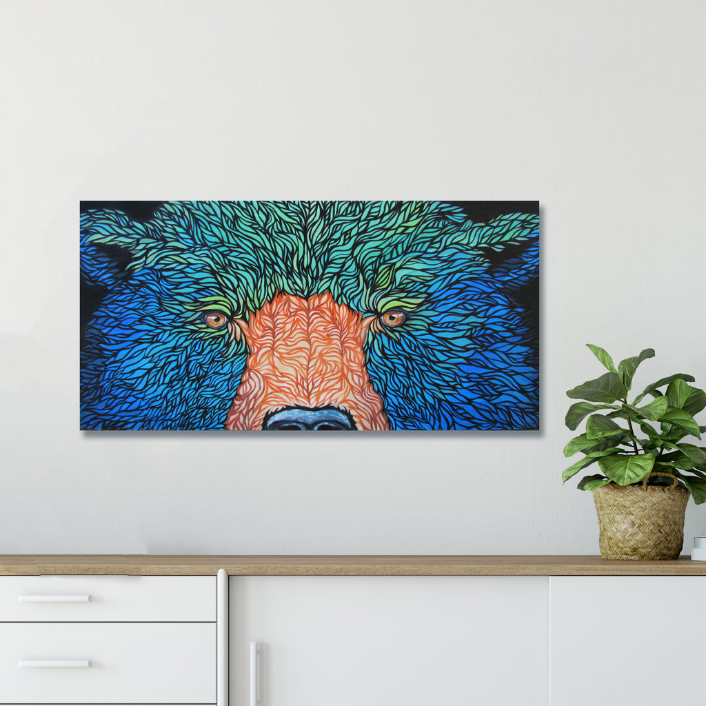 Alaskan bear with fun and vibrant blue and green fur  hanging on an office wall