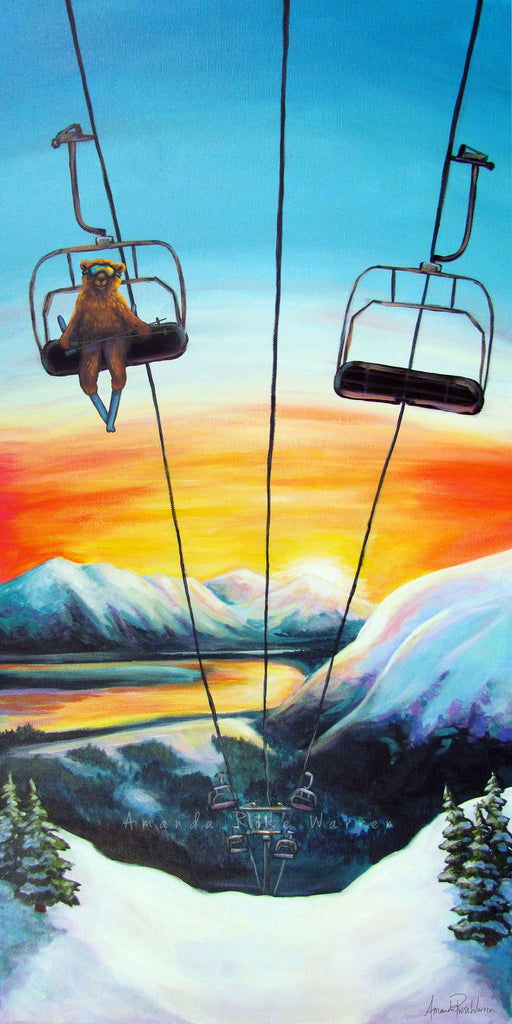 An Alaskan brown bear riding the Girdwood ski lift up the mountain to ski during sunset